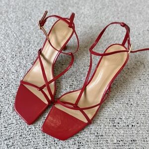 H&M Red Strappy Square Toe Heeled Sandals Minimalist Ankle Strap